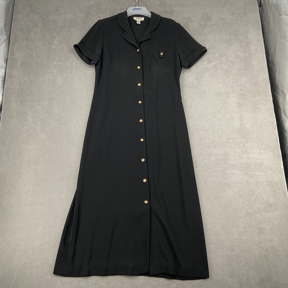 VTG Talbots Shirt Dress Womens 8‎ Black Pocket Cuffed Short Sleeve Button Front